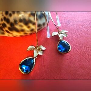 Golden Orchid and Deep Blue Dangle Earrings